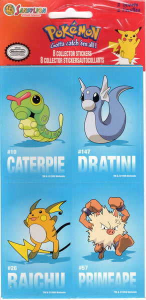 Sandylion 1999 Vintage Pokemon Caterpie Dratini Raichu Primeape Rare 2-Sheet Sticker Sheet