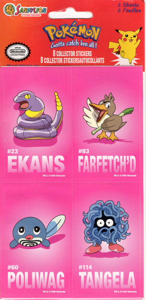 Sandylion 1999 Vintage Pokémon Ekans Farfetch'd Poliwag Tangela Rare 2-Sheet Sticker Sheet